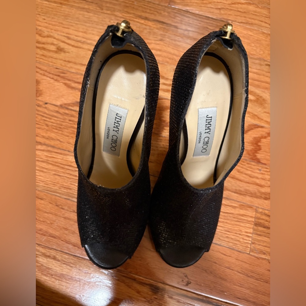 Authentic Jimmy Choo Black Textured Peep-Toe Heels Pre- Owned